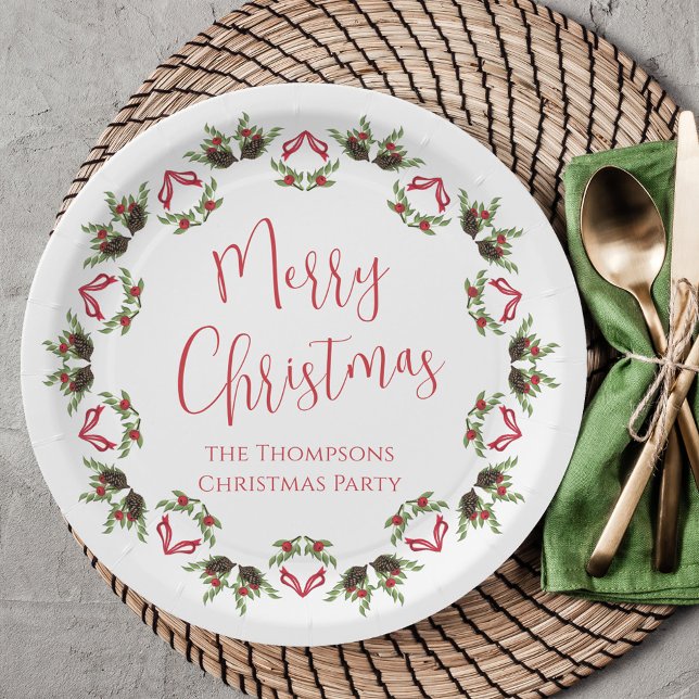 Merry Christmas Calligraphy Script Modern Wreath  Paper Plates (Merry Christmas cute calligraphy red script with stylish mandala style.)