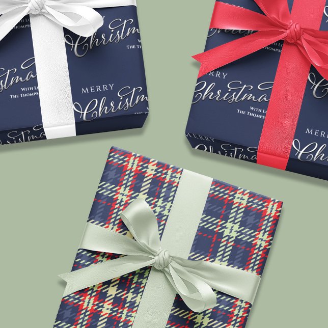 Merry Christmas Calligraphy Script Navy Blue Cute Wrapping Paper Sheets (Merry Christmas navy blue and plaid pattern wrapping paper sheets. )
