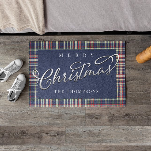 Merry Christmas Calligraphy Script Navy Blue Plaid Doormat (Merry Christmas silver script calligraphy Navy Blue plaid doormat.)