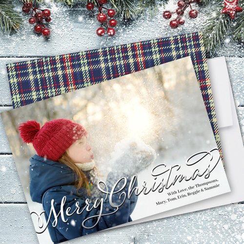 Merry Christmas Calligraphy Script Navy Blue Plaid Holiday Card