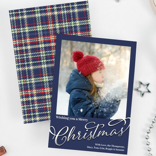 Merry Christmas Calligraphy Script Navy Blue Plaid Holiday Card