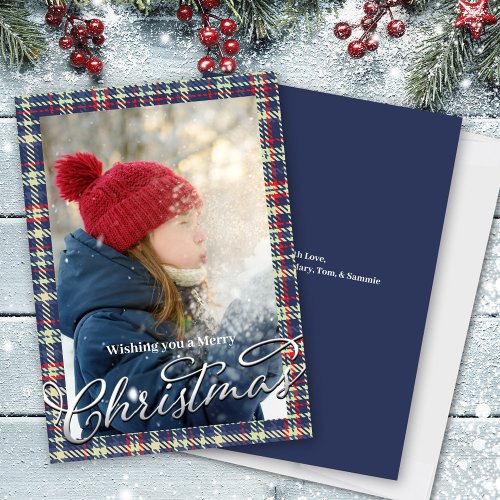 Merry Christmas Calligraphy Script Navy Blue Plaid Holiday Card