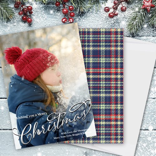 Merry Christmas Calligraphy Script Navy Blue Plaid Holiday Card