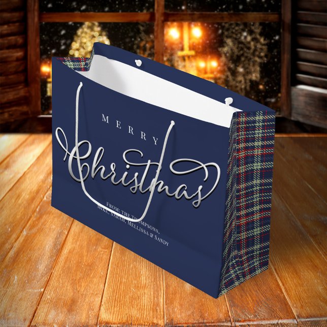 Merry Christmas Calligraphy Script Navy Blue Plaid Large Gift Bag (Merry Christmas holiday navy blue large gift bag,)