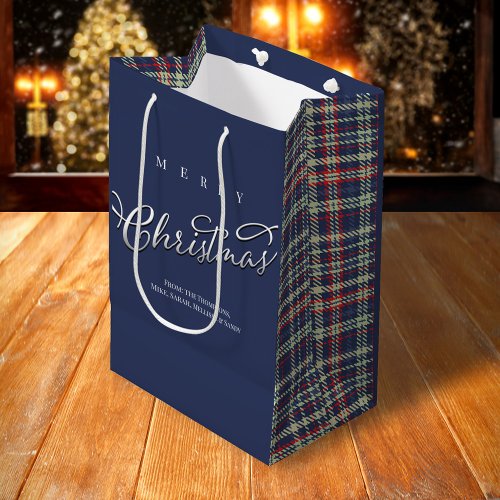 Merry Christmas Calligraphy Script Navy Blue Plaid Medium Gift Bag