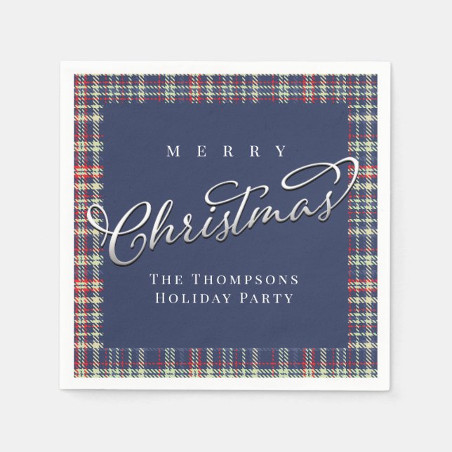 Merry Christmas Calligraphy Script Navy Blue Plaid Napkins (Front)