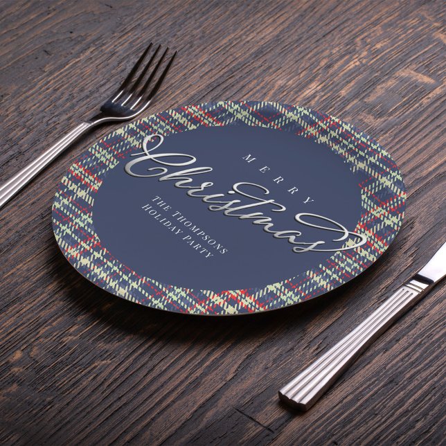 Merry Christmas Calligraphy Script Navy Blue Plaid Paper Plates (Merry Christmas Red and Navy Blue Christmas paper plates. with cute calligraphy.)