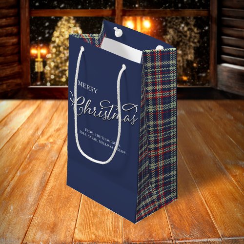 Merry Christmas Calligraphy Script Navy Blue Plaid Small Gift Bag