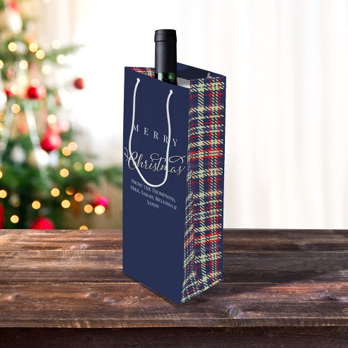 Merry Christmas Calligraphy Script Navy Blue Plaid Wine Gift Bag