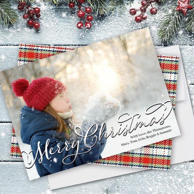 Merry Christmas Calligraphy Script Red Plaid Holiday Card (Merry Christmas Calligraphy Script Photo Greeting Card)