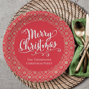 Merry Christmas Calligraphy Script Red Snowflake Paper Plates