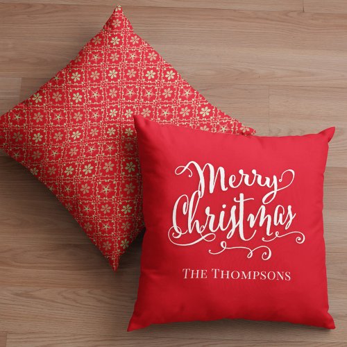 Merry Christmas Calligraphy Script Red Snowflake  Throw Pillow