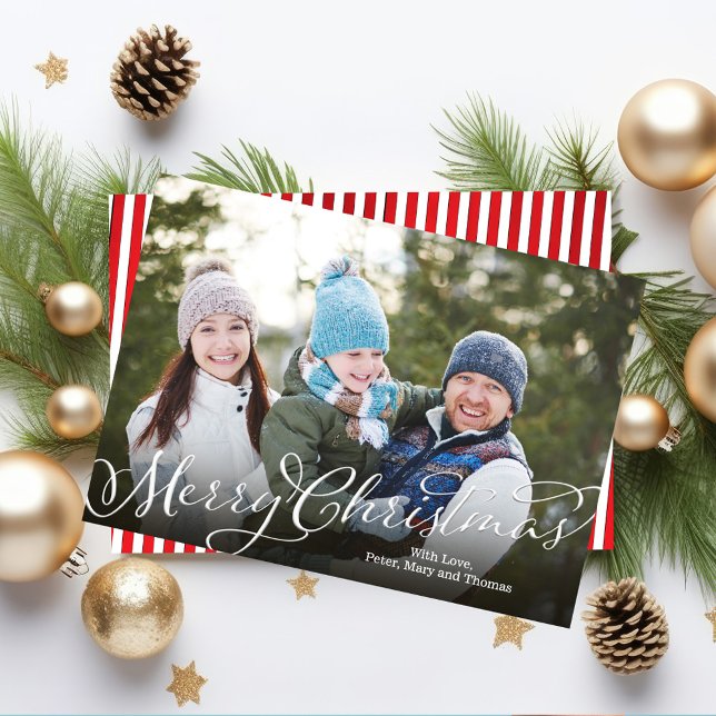 Merry Christmas Calligraphy Script Red Striped Holiday Card (Merry Christmas calligraphy script photo card with candy cane striped on the back. )