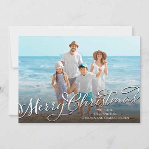 Merry Christmas Calligraphy Script Silver Photo  Holiday Card