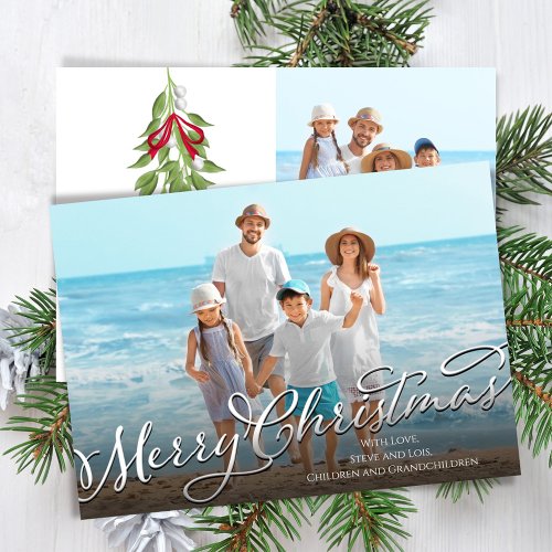 Merry Christmas Calligraphy Script Silver Photo  Holiday Card