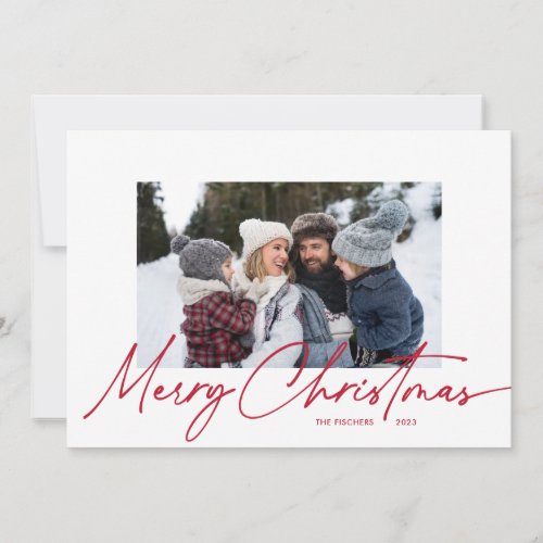 Merry Christmas Calligraphy Script Simple 3 Photo Holiday Card