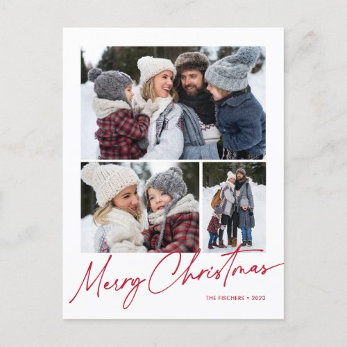 Merry Christmas Calligraphy Script Simple 3 Photo Holiday Postcard