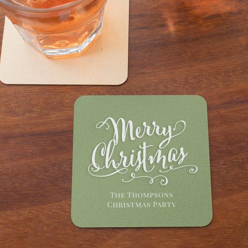 Merry Christmas Calligraphy Script Simple Green Square Paper Coaster