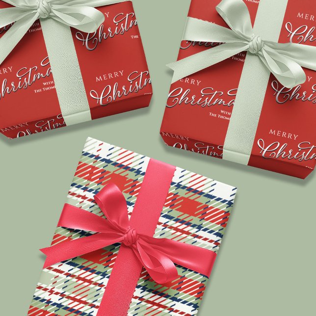 Merry Christmas Calligraphy Script Simple Red Cute Wrapping Paper Sheets (Merry Christmas holiday wrapping paper sheets with red plaid pattern )