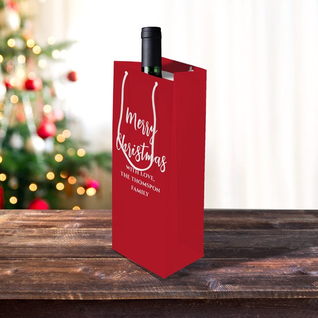 Merry Christmas Calligraphy Script Simple Red Wine Gift Bag (Merry Christmas white calligraphy script simple red wine gift bag)