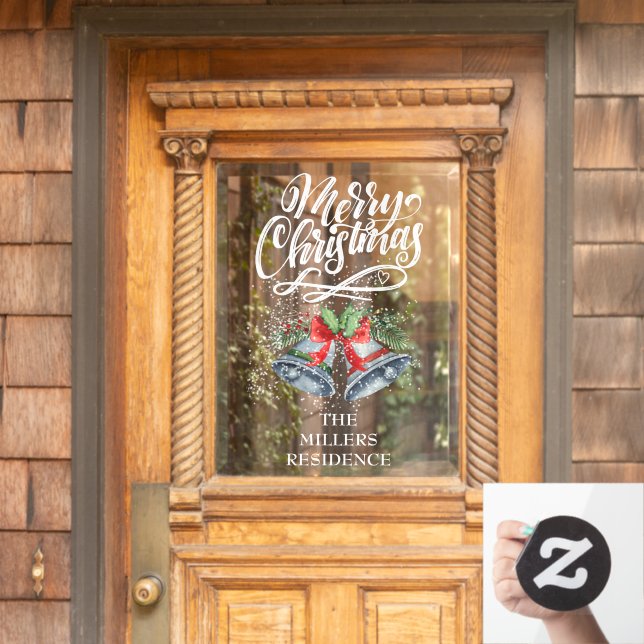 Merry Christmas Calligraphy Silver Bells Window Cling (Home Door)