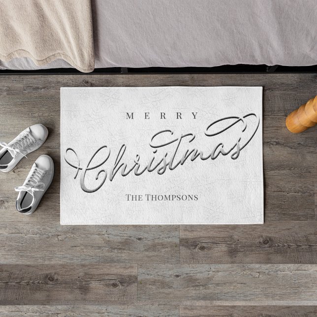 Merry Christmas Calligraphy Silver Snowflake Cute Doormat (Merry Christmas classic silver snowflake pattern background.)