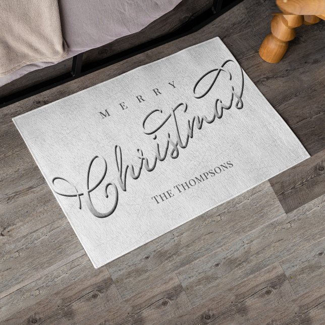 Merry Christmas Calligraphy Silver Snowflake Cute Rug (Merry Christmas silver snowflakes classic holiday area rug)