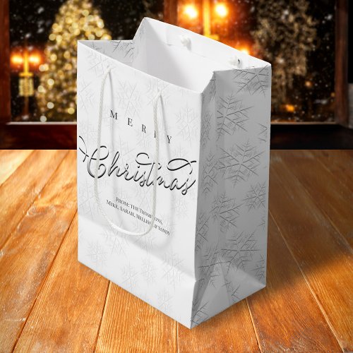 Merry Christmas Calligraphy Silver Snowflake Medium Gift Bag