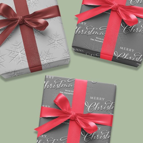 Merry Christmas Calligraphy Silver Snowflakes Wrapping Paper Sheets