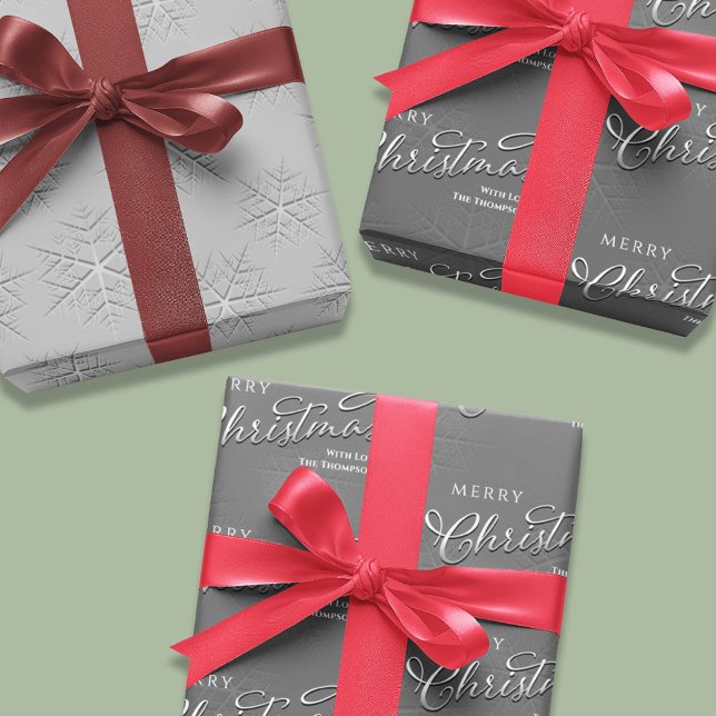 Merry Christmas Calligraphy Silver Snowflakes Wrapping Paper Sheets (Silver snowflake pattern and calligraphy script wrapping paper )