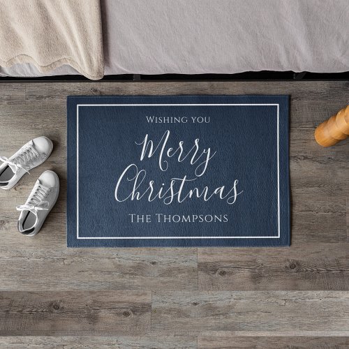 Merry Christmas Calligraphy Simple Cute Navy Blue Doormat