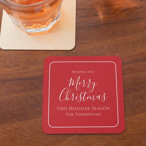 Merry Christmas Calligraphy Simple Cute Red Square Paper Coaster