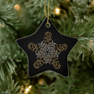Merry Christmas Calligraphy Star on Black Ceramic Ornament