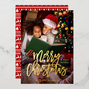 Merry Christmas Calligraphy Vertical Photo Foil Invitation