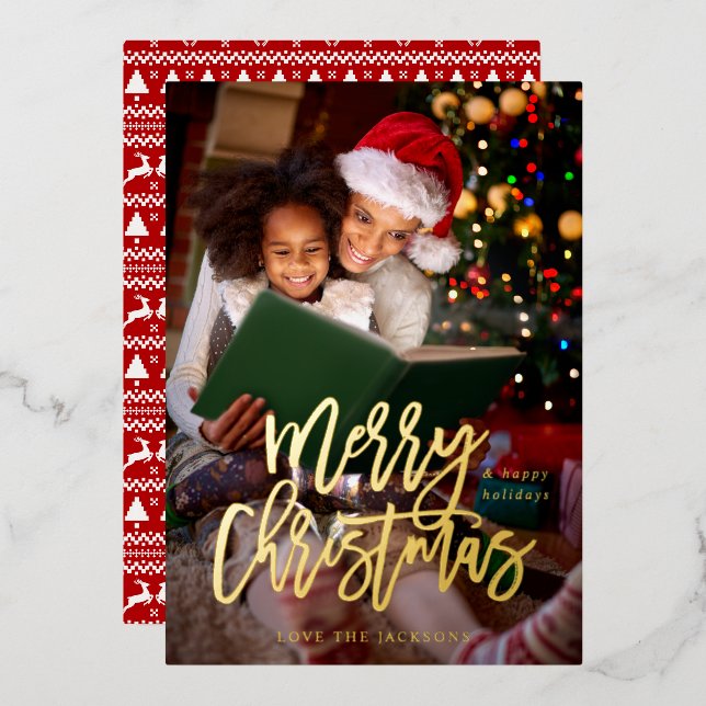 Merry Christmas Calligraphy Vertical Photo Foil Invitation (Front/Back)
