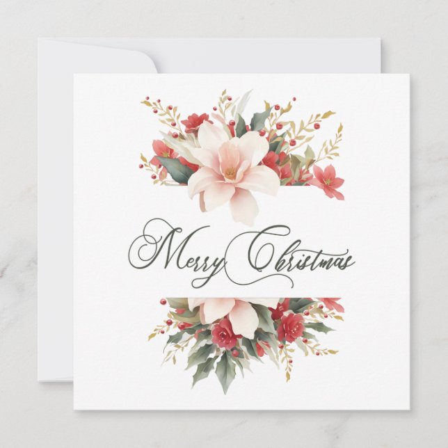 Merry Christmas Calligraphy Watercolor Floral Holiday Card (Front)
