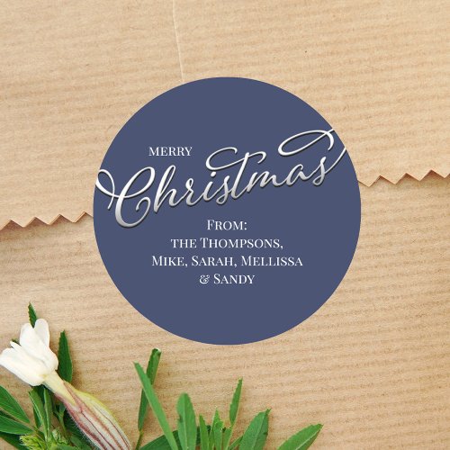 Merry Christmas Calligraphy Winter Navy Blue Plaid Classic Round Sticker