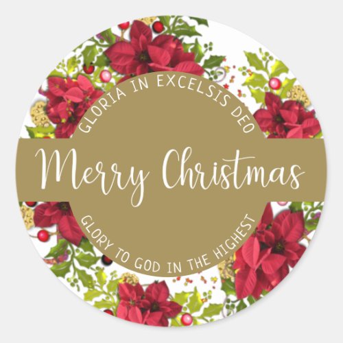 Merry Christmas Calligraphy with Pointsettia Latin Classic Round Sticker