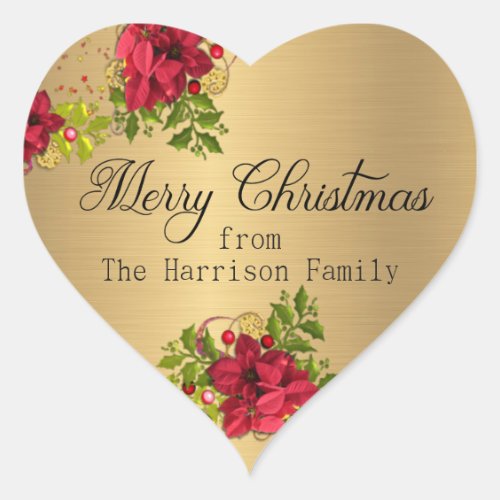 Merry Christmas Calligraphy with Pointsettias Heart Sticker