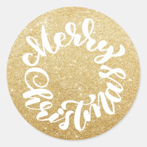 Merry Christmas Calligraphy Wreath Gold Glitter Classic Round Sticker