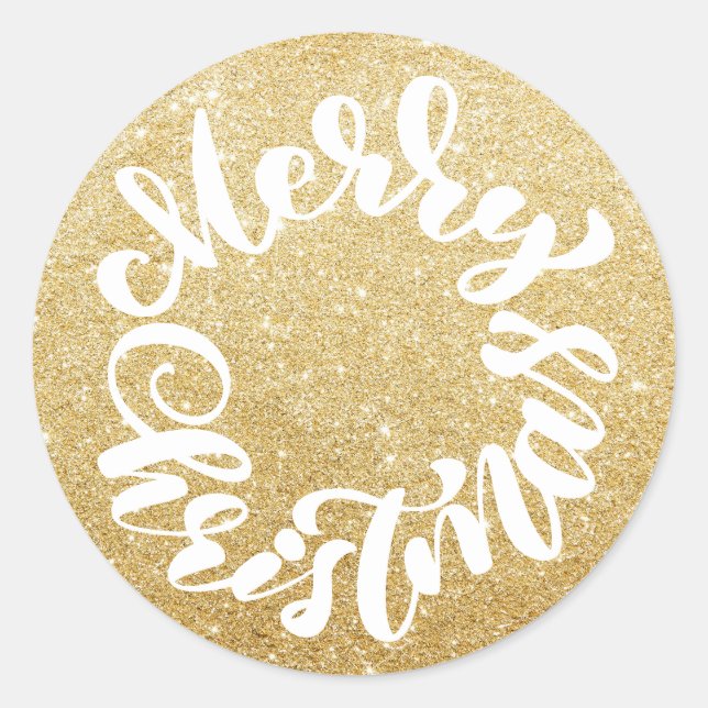 Merry Christmas Calligraphy Wreath Gold Glitter Classic Round Sticker (Front)