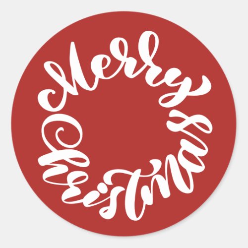 Merry Christmas Calligraphy Wreath Red Classic Round Sticker