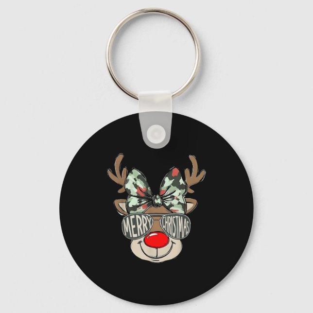Merry Christmas Camo Reindeer Bow Girl Women Kid H Keychain (Front)