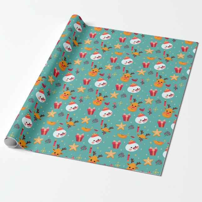 Merry Christmas Candies Snowman Reindeer Stars Wrapping Paper (Unrolled)