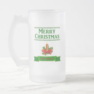 Merry Christmas Candle (grn/red) Frosted Glass Beer Mug