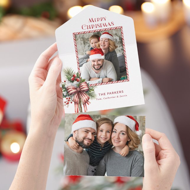 Merry Christmas Candy Cane Bow Photo All In One Invitation (Creator Uploaded)