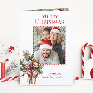 Merry Christmas Candy Cane Bow Photo Holiday Card