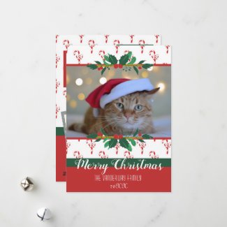 Merry Christmas Candy Cane Bows Photo Holiday Card