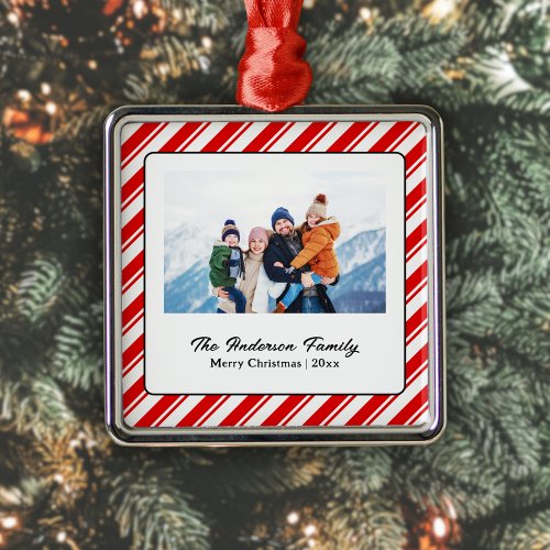 Merry Christmas Candy Cane Custom Photo Metal Ornament