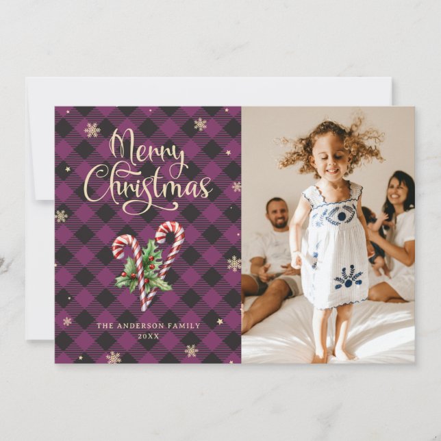 Merry Christmas Candy Cane Holly Snowflakes Photo Holiday Card (Front)